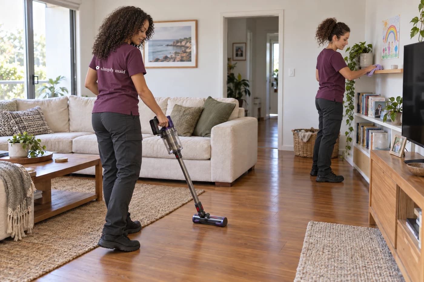 Two cleaners vacuuming and dusting a lounge room together