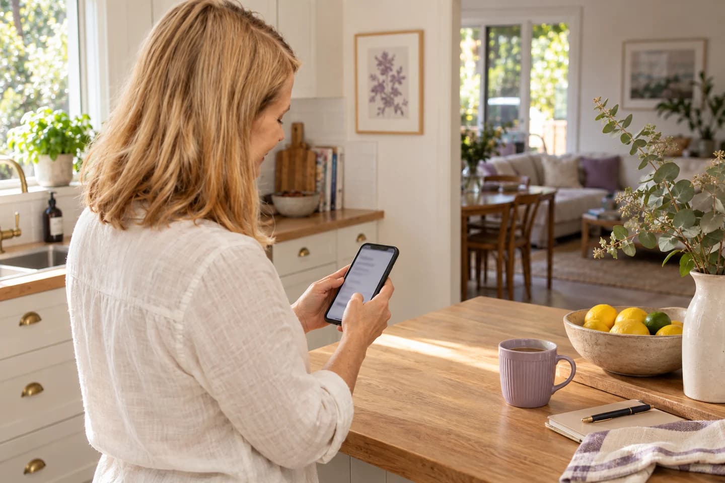 Someone checking booking details on a phone at a sunny kitchen bench.